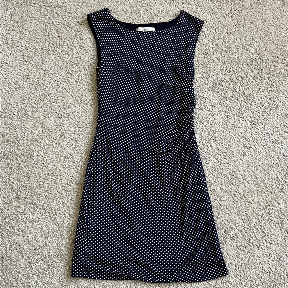 Elegant Navy Blue and Cream Polka Dot Dress
